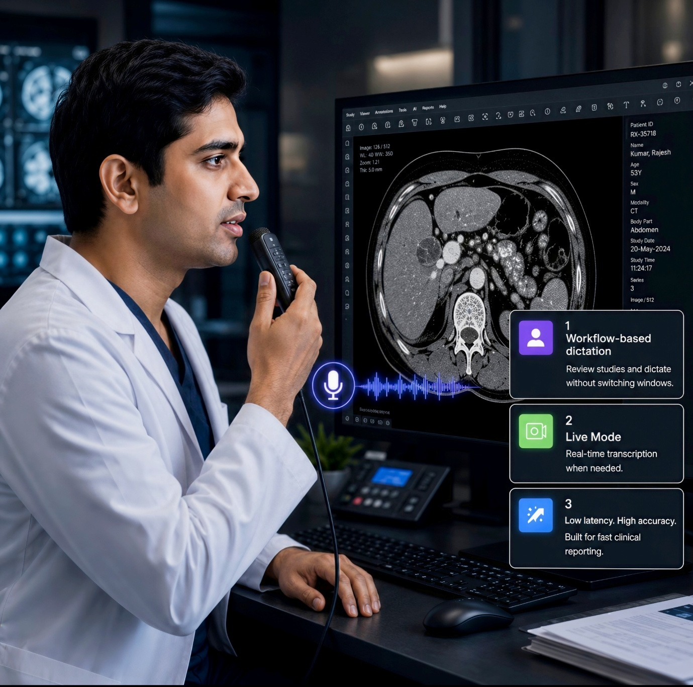 Speech-to-Text — radiologist dictating findings with floating dictation widget